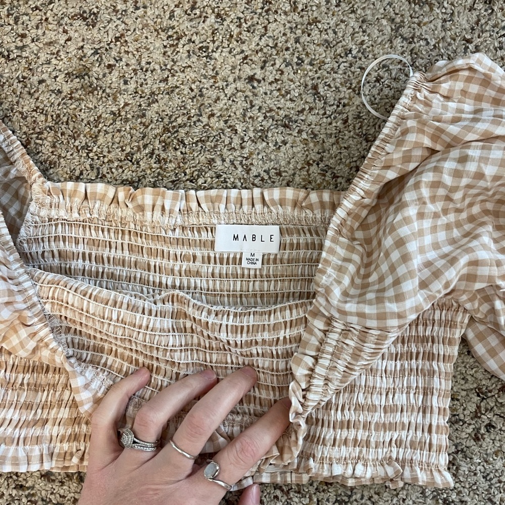 Gingham Puff-Sleeve Crop Top & Tiered Maxi Skirt Set - Cream/Tan - Picture 2 of 3